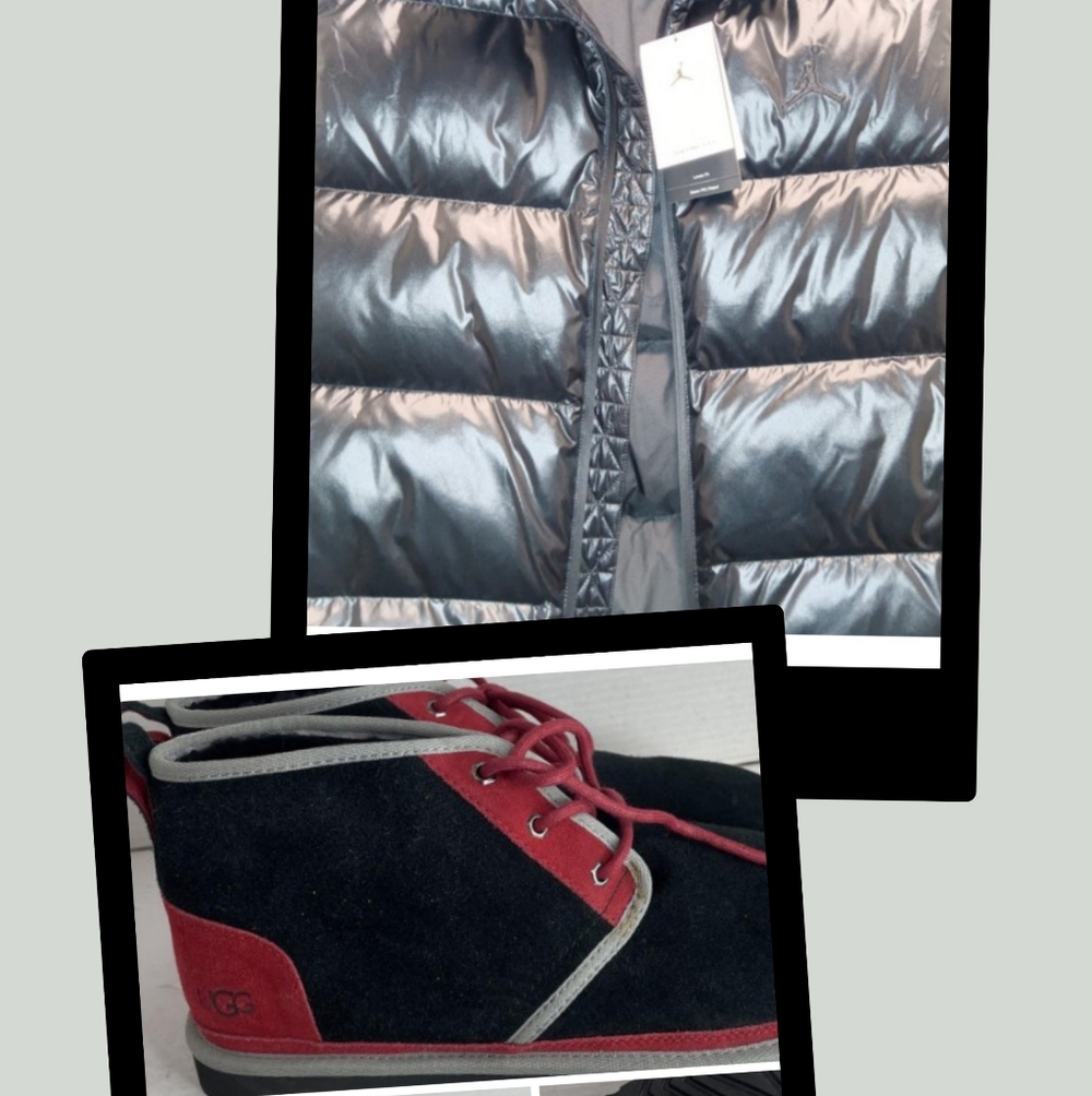 Jordan Designer Metallic Silver Puffy Jacket with UGG Black And Red Ankle Boots